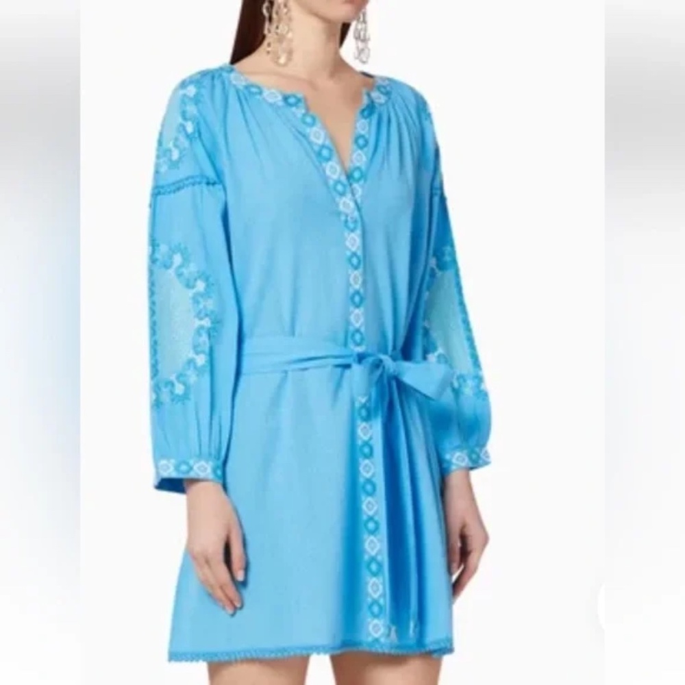 MELISSA ODABASH bright turquoise blue embroidered beach dress w/belt size Medium